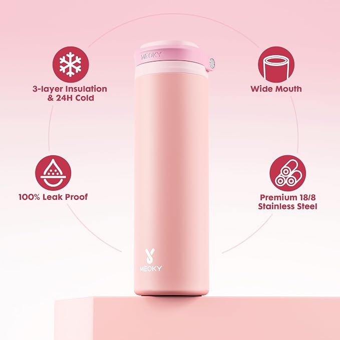 Meoky 24 oz Insulated Stainless Steel Water Bottle: Flip-to-Pop Straw, Leak Proof, 24H Cold, Wide Mouth, BPA-Free, Non-slip Base, Travel Water Bottle for Women School Backpack Car, Candy
