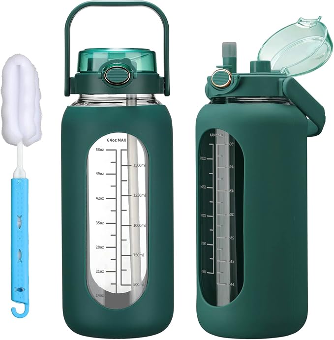 chunmo 42oz/52oz/64oz Glass Water Bolttles with Straw Half Gallon Large Motivational Water Bottle with Time Marker Sports Water Bottles with Silicone Sleeve and Handle Lid Water Jug for Gym Workout