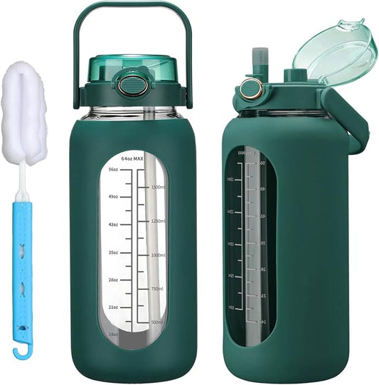 chunmo 42oz/52oz/64oz Glass Water Bolttles with Straw Half Gallon Large Motivational Water Bottle with Time Marker Sports Water Bottles with Silicone Sleeve and Handle Lid Water Jug for Gym Workout