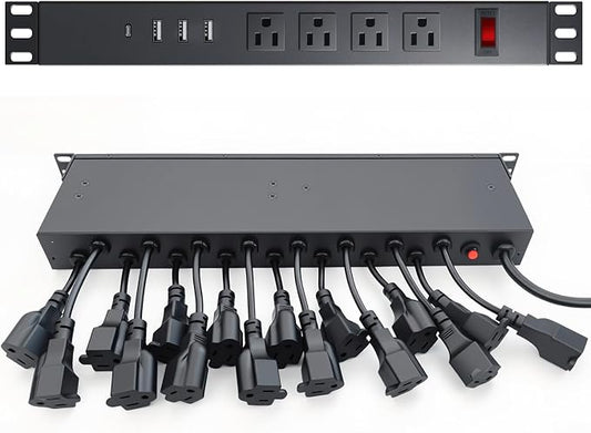 20-Outlet 1U Rack Mount PDU Power Strip – 3 USB-A & 1 USB-C Ports, Wide-Spaced Outlets, 6-Foot Cord, Built-in 15A Overload Switch for 19-Inch Server, AV & Network Racks