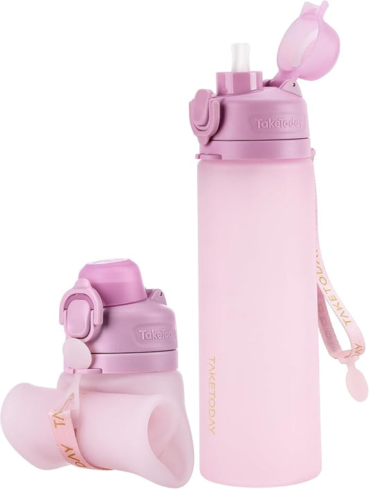 TakeToday Collapsible Water Bottles 21oz (600mL), Foldable Platinum Silicone Travel Water Bottle with Straw & Carry Strap, Leak-Resistant Screw Lid, Wide Mouth, BPA-Free for Hiking, Camping, Travel