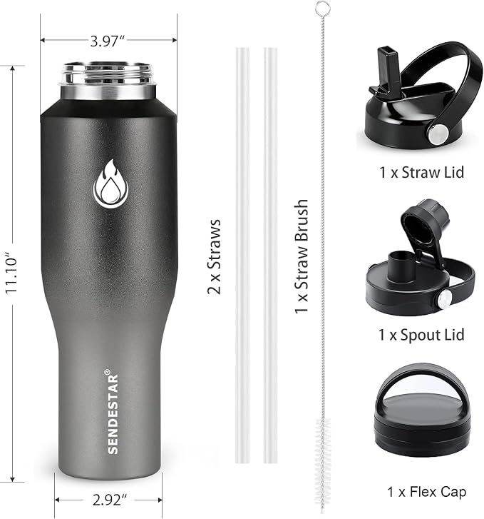 SENDESTAR 40oz Stainless Steel Water Bottle(Cold for 48 Hrs, Hot for 24 Hrs),Double Wall Vacuum Insulated Bottle with Straw Lid, Spout Lid and Flex Cap, Fit in Any Car Cup Holder，Grey-B
