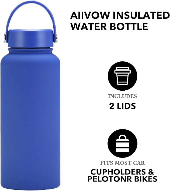 32 oz Insulated Metal Mens Water Bottle | Blue, Stainless Steel, 1 Liter, Leakproof, 2 Lids, Large Sports Water Bottle for Gym,Hiking