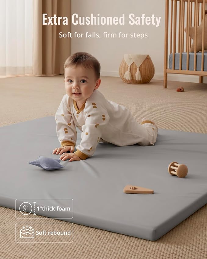 Blissful Diary Vegan Leather Baby Play Mat, 50''x50'', Light Gray | thick cushion, safe and soft fabric, waterproof and wip clean, indoor use, non-slip bottom, stylish mordern decor