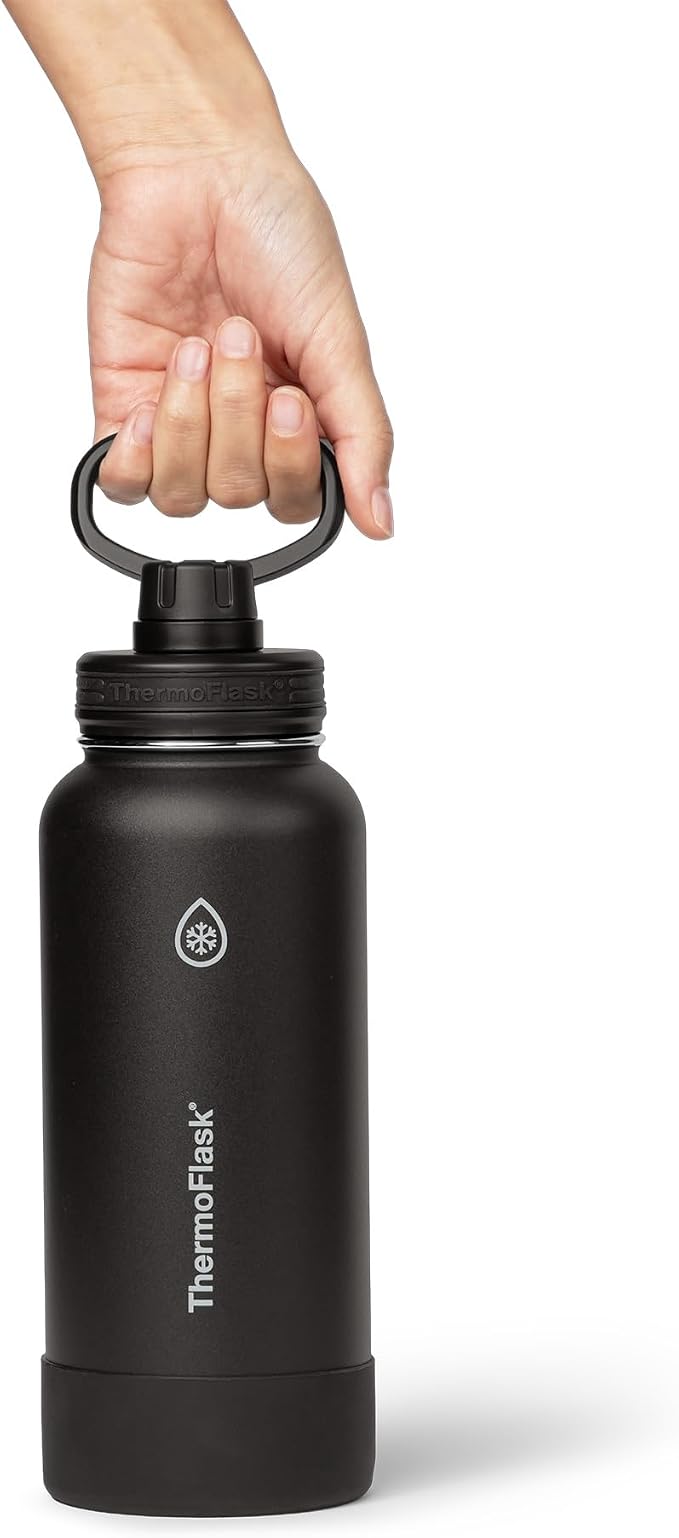 ThermoFlask Insulated Water Bottles, Spout Lid, 2-Pk, 32 oz, Black/Sand