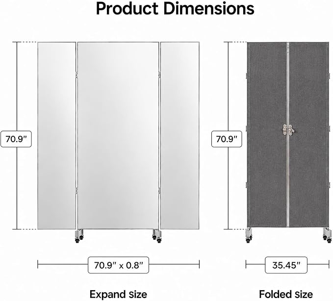 Full Length Stand Up Mirror on Wheels 71''L×71''W Large Tri-Fold Floor Mirror with Stand,Movable 3-Way Full Length Standing Mirror for Gym,Dance Studio,Fitness Room,Home (70.9" x 70.9")