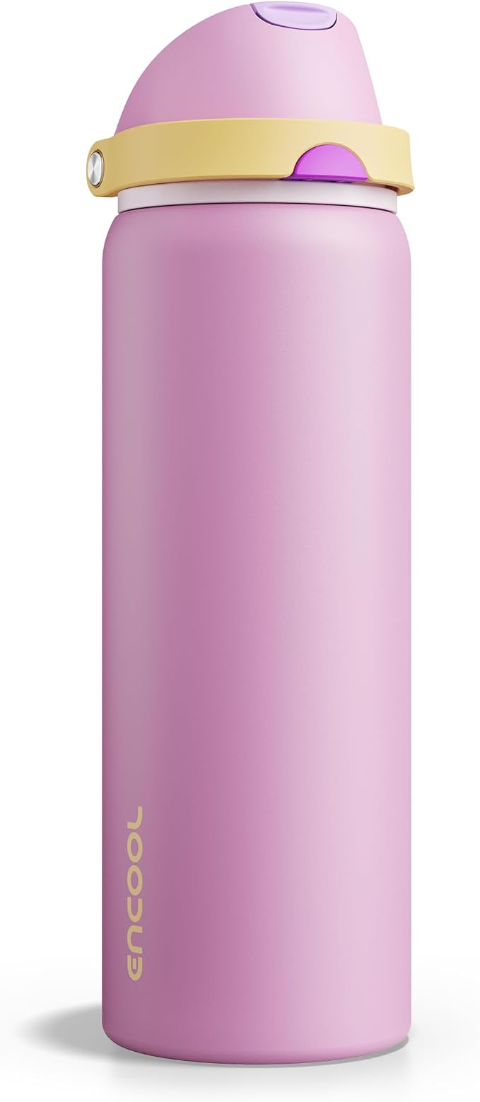 Insulated Water Bottle with Straw - Encool Stainless Steel Water Bottle with Push Button Lid, Leak-Proof & BPA-Free, Keeps Cold for 24 Hours for Sports, Travel, Gym (32 oz, Light Orchid-Fuchsia)