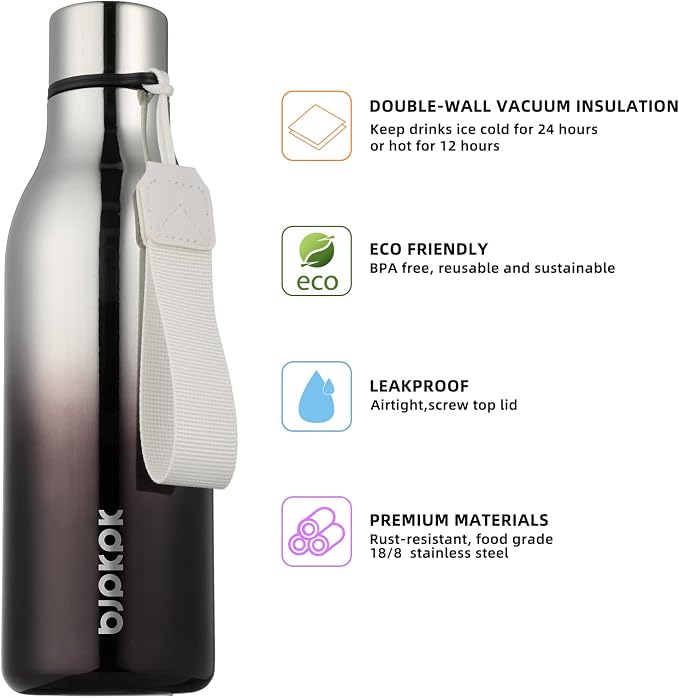 BJPKPK 18oz Insulated Water Bottle, Stainless Steel Bottle with Carry Strap | Keep Cold & Hot Vacuum Insulation, Leak-Proof BPA-Free Design, Slim Bottle Fits Most Cup Holders for Gym, Office & Travel