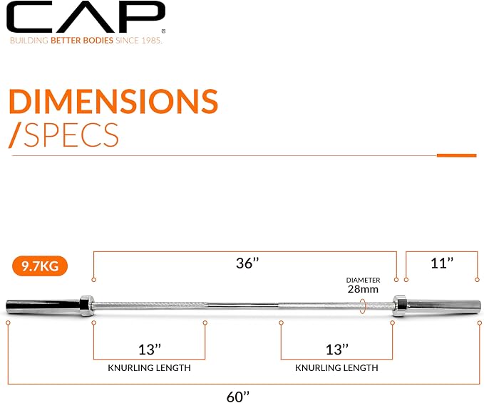 CAP Olympic Barbell - 5FT, 6FT, & 7FT Strength Training Weight Bars, Multiple Options