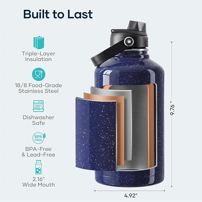 BUZIO 64 oz Insulated Stainless Steel Water Bottle with Dust-proof Lids | Half Gallon Water Jug (Dishwasher Safe), Cold for 48 Hrs, Triple Wall with Copper Plating, for Gym, Hiking, Camping, Black