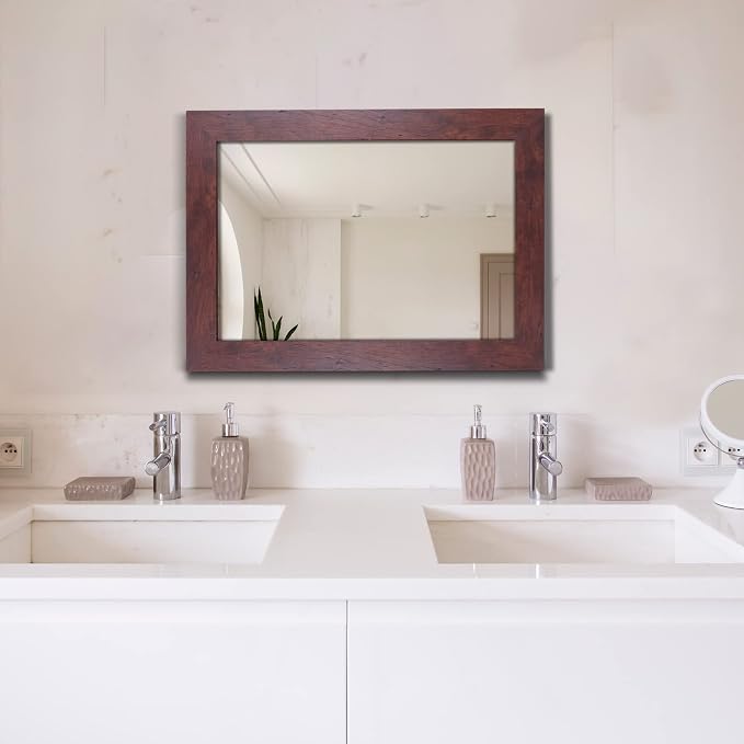 Syndra Rectangular Mirror with Frame Rustic 20x28‘’ Wall Mounted Rustic Vanity Mirror with Large Wood Frame Farmhouse Bathroom Mirror, for Bedroom, Living Room, Entryway Wall Decor(Walnut)