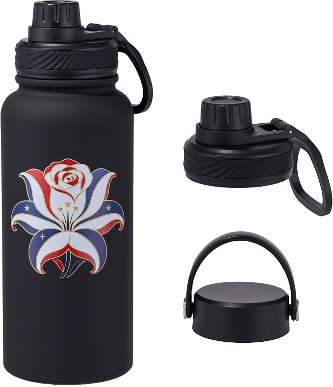 Black Insulated 32 oz Metal Leakproof Water Bottle | 1 Liters Stainless Steel Water Flask, Big Sports Travel Mens Water Bottle for Gym,Hiking,Large Thermal Bottle with 2 Lids