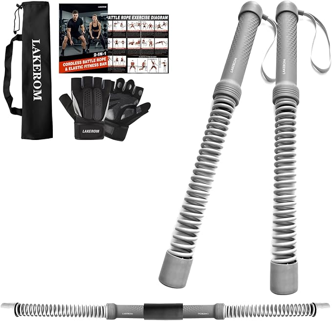 Ropeless Battle Ropes (2-in-1) Elatic Fitness Bar,Cordless Battle Ropes Sticks with Exercise Guide,Portable Home Gym Equipment for HIIT,Strength Low-Impact Workouts for Men & Women Grey