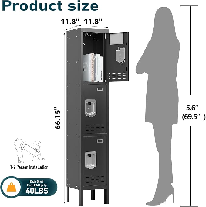 BUTISOW 3 Door Employee Metal Locker w/Card Slot for School Gym Office | Ventilated Metal Steel Locker with Mirror & Multi Hooks for Secure Storage