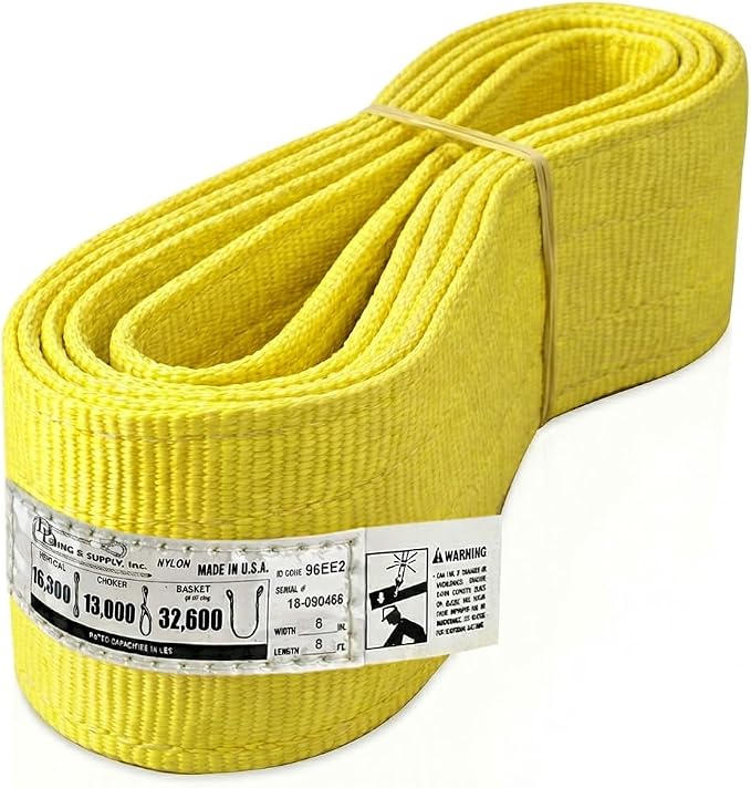 DD Sling 6 Inch x 8 Foot Nylon Lifting Sling – USA Made, 16,300 lb Vertical, 13,000 lb Choker, 32,600 lb Basket – 2-Ply Heavy Duty 900 Webbing, Type 3 Flat Eye & Eye Rigging Sling