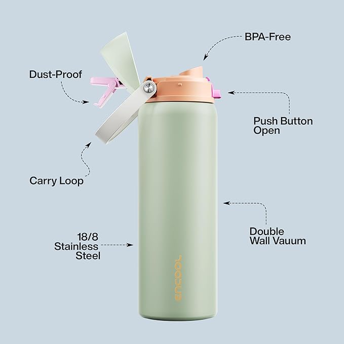 Insulated Water Bottle with Straw - Encool Stainless Steel Water Bottle with Push Button Lid, Leak-Proof & BPA-Free, Keeps Cold for 24 Hours for Sports, Travel, Gym (32 oz, Geyser Green)