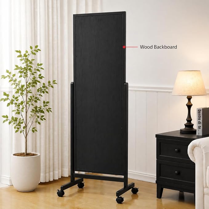 Swivel Adjustable Full Length Mirror on Wheels, 65"x22" Mobile Wood Frame Cheval Bedroom Free Standing Floor Mirror with Stand, Tiltable, Easy to Move (Black-65 x22)