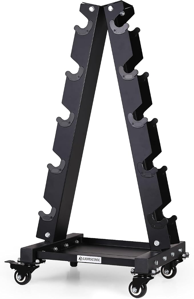 LIONSCOOL Dumbbell Rack Stand Only, A-Frame Rolling Weight Storage and Tray | 5 Tier Steel Rack with Premium Solid Wheels, Portable Home Gym Fitness Storage Organizer, 200/300/700LBS Weight Capacity