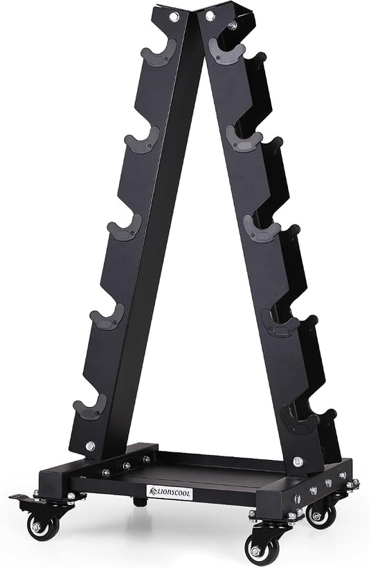 LIONSCOOL Dumbbell Rack Stand Only, A-Frame Rolling Weight Storage and Tray | 5 Tier Steel Rack with Premium Solid Wheels, Portable Home Gym Fitness Storage Organizer, 200/300/700LBS Weight Capacity