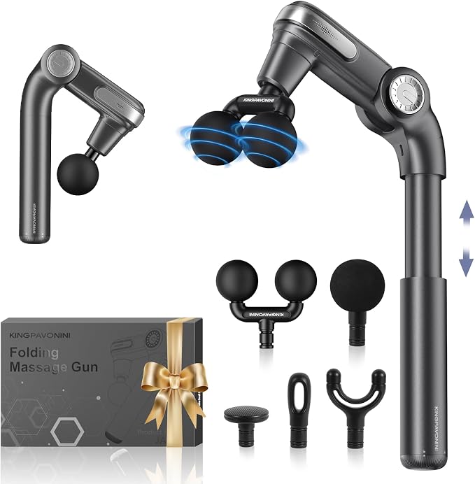 KingPavonini Foldable Massage Gun Deep Tissue, Dual-Ball Head, Model JA-G7 | Adjustable Head Angle, Extendable Handle, Handheld Percussion Back Massager Gun for Pain Relief, Gift for Men Women