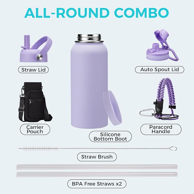 32/40/64 OZ Insulated Water Bottle - with Straw Spout Lid, 32 oz Water Bottles Sleeve, Paracord Handle, Protective Boot, Metal Thermo Stainless Steel Flask Cup for Work Sports Gym Travel