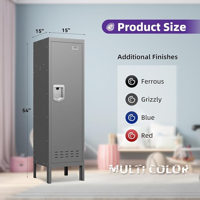 BUTISOW Metal Storage Locker with Lock & Card Slot Locker - Secure Lockable Door - Steel Locker for School, Office, Gym, Home - 54" H x 15" W x 15" D（1 Door, Grey）