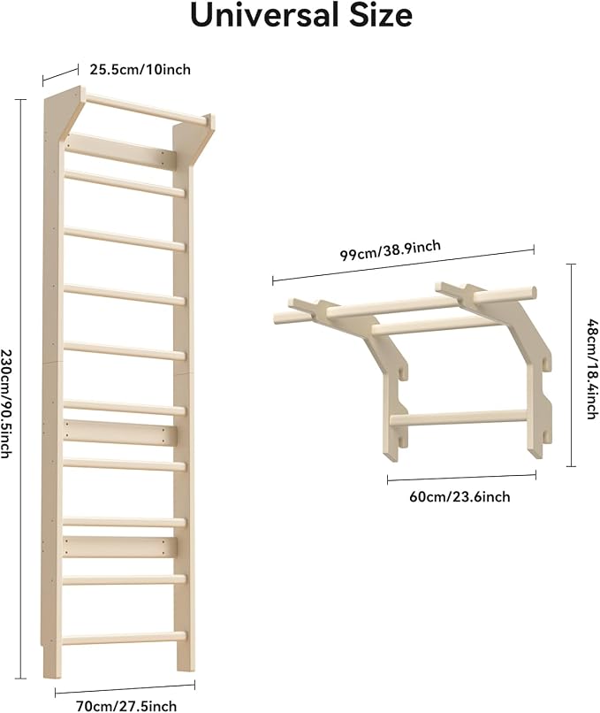 Swedish ladder wall gym adult & Pull Up Bar Gymnastics Bar – Ultimate Wall Bars for Exercise with Adjustable Dip Bar Attachment,Moves wall bars, Wood Stall Bars for Home, Calisthenics, Physical Therapy and Kids Training