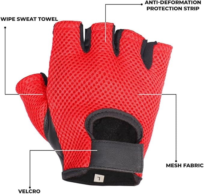 Leather MESH Fingerless Weight Lifting Exercise Gym Wheelchair Gloves Black/RED WLG-021