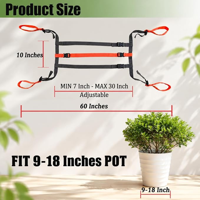 Plant Pot Moving Straps, Adjustable Garden Planter Lifting Strap for Heavy Flower Pots, Trees, Rocks and Landscaping Objects, 9-18 Inch Diameter, Two Person Carrying Harness, Gray Orange