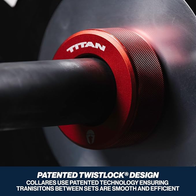 Titan Fitness TwistLock Pro Aluminum Barbell Red Collar Set, 59.5mm-51.5mm Sleeve Diameter, Quick Release Olympic Barbell Clamps, Pair of Magnetic Aluminum Weight Clips with Easy-Grip Knurling