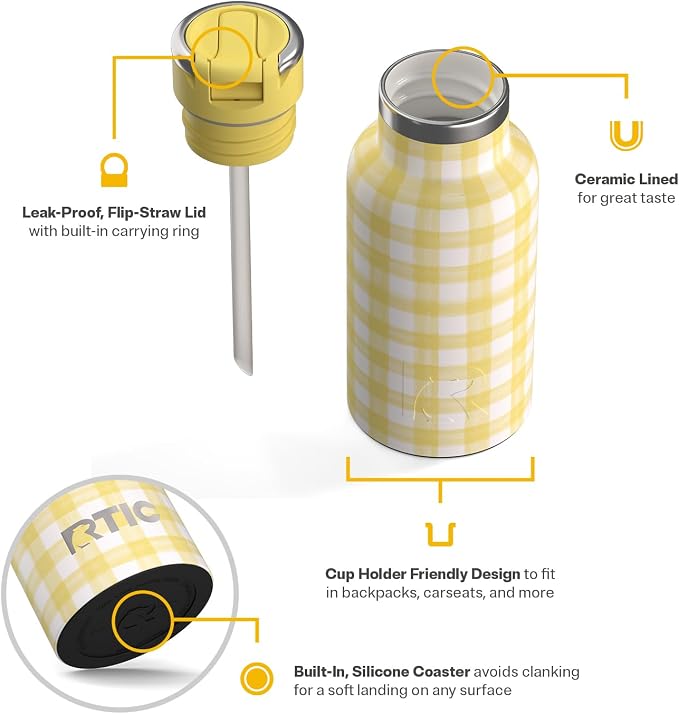 RTIC Little Journey Water Bottle with Straw, Ceramic-Lined, Insulated, Stainless Steel, Metal, Double Wall Vacuum-Insulation, Leak-Proof Lid, BPA-Free Water Flask for Sports, Travel, Sunlight Gingham