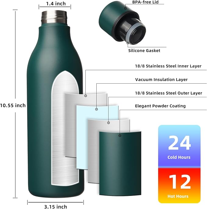 BJPKPK 25oz Insulated Water Bottle, Stainless Steel Bottle with Carry Strap | Keep Cold & Hot Vacuum Insulation, Leak-Proof BPA-Free Design, Slim Bottle Fits Most Cup Holders for Gym, Office & Travel