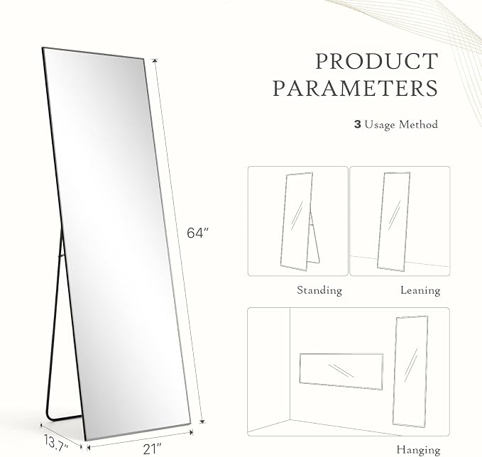 NEWBULIG 64"x21" Full Length Mirror, Full Body Standing Mirror, Black | Leaning or Standing, Tempered Glass, Aluminum Alloy Thin Frame Floor Stand for Bedroom, Cloakroom