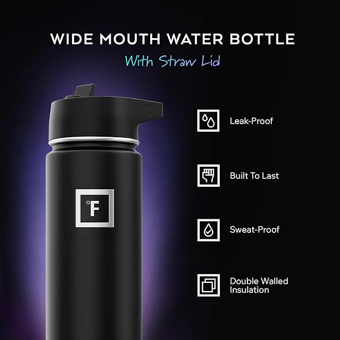 IRON °FLASK 24 oz Wide Mouth Water Bottle with Straw | Insulated Stainless Steel Sports Water Bottle with Leakproof Straw Lid - BPA Free, Cold 24 Hrs, Sweat Free (Black Marquina)