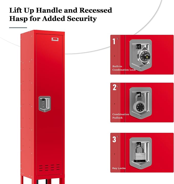 BUTISOW Metal Storage Locker with Lock & Card Slot Locker - Secure Lockable Door - Steel Locker for School, Office, Gym, Home - 66.15" H x 11.8" W x 11.8" D（1 Door, Red）