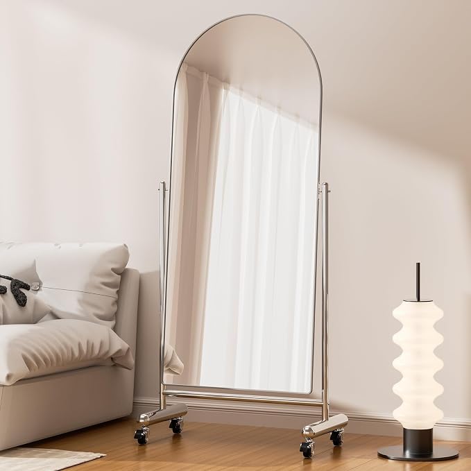 Large Arched Full Length Mirror on Wheels, Rolling Tilting Swivel Floor Mirror 65" x 23" with Tempered Glass and Metal Frame, Modern Dressing Mirror Body Mirror, Home Decor,Silver