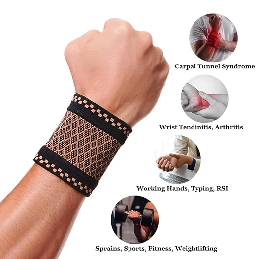 Copper Wrist Compression Brace (2Pcs), Elastic Wrist Support Sleeve Wrist Braces for Tendonitis, Arthritis, Carpal Tunnel Pain Relief, Soft Wrist Wrap Wristbands for Sport, Fitness, Workout, Typing(L)