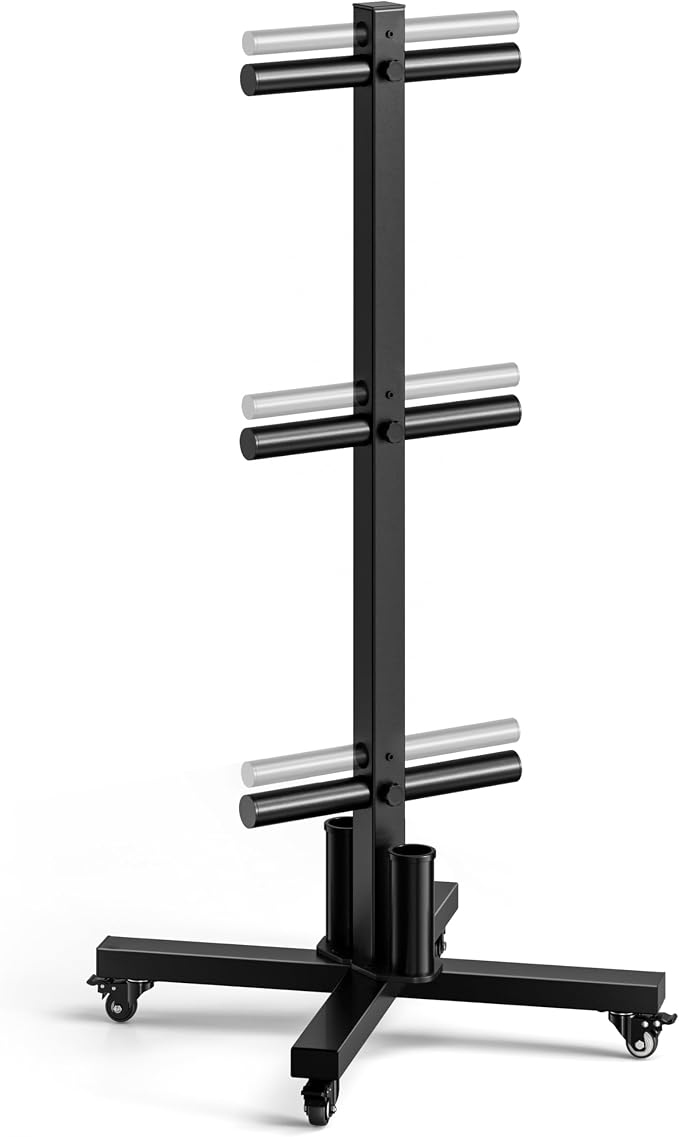 Movable Olympic Weight Plate Tree with 6 Metal Pegs | Fits 1" & 2" Weight Plates, Heavy Duty Storage Rack with Barbell Holders for Home & Garage Gym