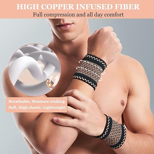 Copper Wrist Compression Brace (2Pcs), Elastic Wrist Support Sleeve Wrist Braces for Tendonitis, Arthritis, Carpal Tunnel Pain Relief, Soft Wrist Wrap Wristbands for Sport, Fitness, Workout, Typing(M)