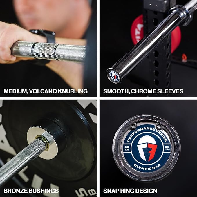 Titan Fitness Performance Series 20 KG Olympic Bar, 700 LB Capacity, 28mm Shaft, Chrome Finish, Bronze Bushings and Precision Medium Volcanic Knurling, Olympic Strength Training Barbell