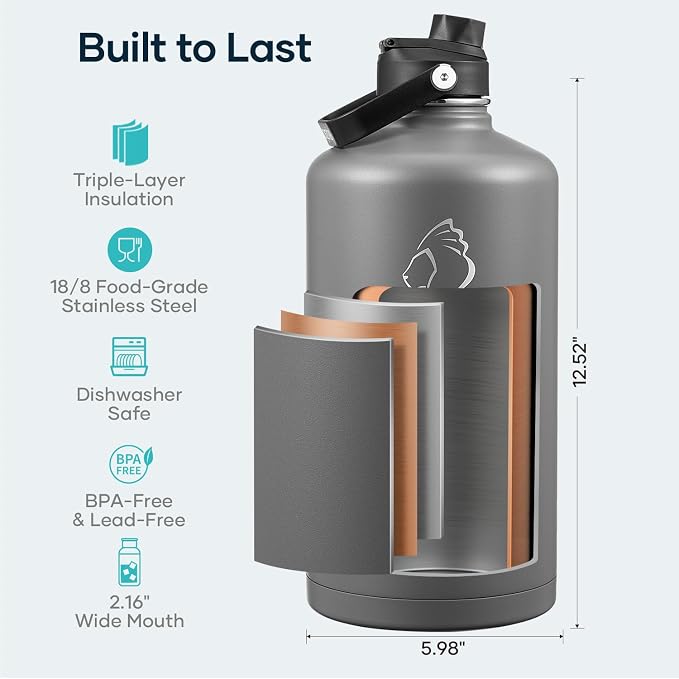 BUZIO 1 Gallon Water Bottle Insulated with Dust-proof Straw & Spout Lids | 128 oz Large Water Jug 18/8 Stainless Steel Triple Wall (Keep Cold 48Hrs/Hot 24 Hrs), Dishwasher Safe, Sweat-Proof, Black