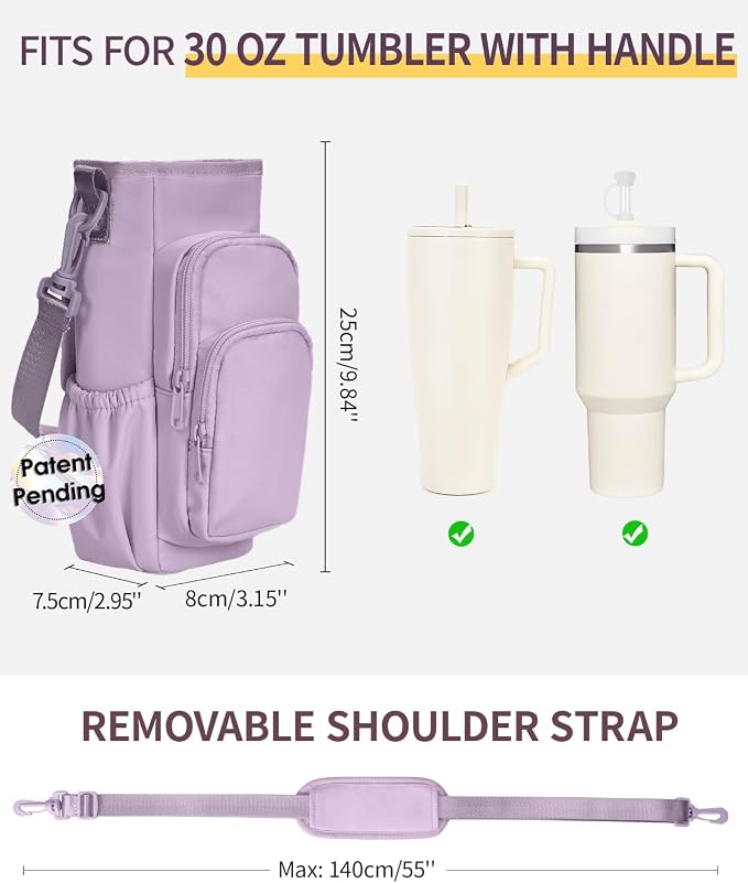 sportsnew 30/40oz Crossbody Water Bottle Holder Anti-Tip Tumbler Carrier | Lightweight Bottle Sling Fits Handled Tumbler w/ Phone Pocket, Adjustable Strap, Insulated Lining, Hands-free for Hiking Gym