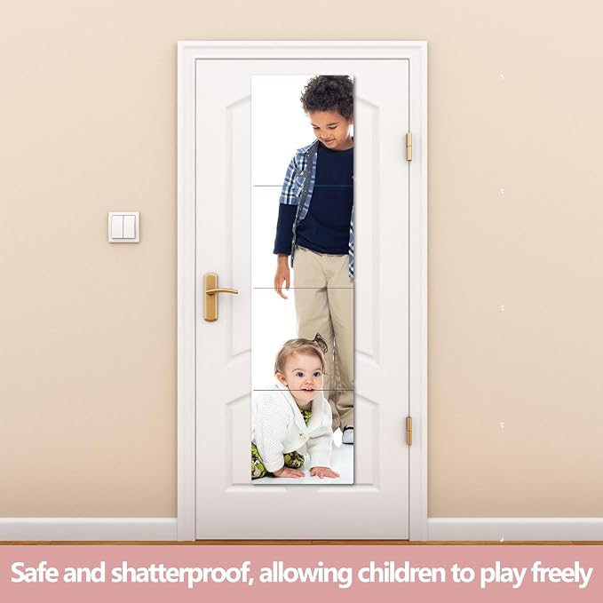 Unbreakable Wall Mirror Full Length,Over the Door Mirror for Bedroom,8Pcs 15.5x11.5inch Acrylic Mirror Kids,Shatterproof Plexiglass Long Mirrors,Children Non Glass Stick on Mirrors Tiles self adhesive