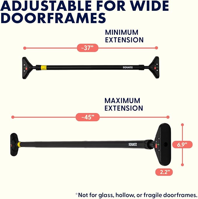 Squatz Doorway Pull Up Bar, Adjustable Door Frame Pull Up Bar with Level Meter, Locking Mechanism & Foam Grips, No Drill Chin Up Bar for Door Frame, Portable Design for Home Workouts