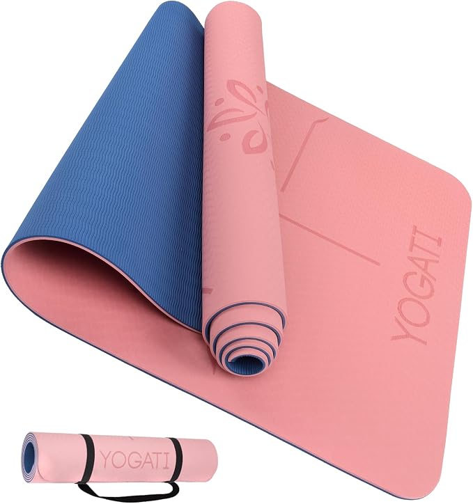YOGATI® Yoga Mat with Strap with Alignment Lines. Home Workout Mat for Women, Men and Kids. Thick Non Slip Yoga Mat for Pilates and Fitness. Brown, Pink and Purple Yoga Mats