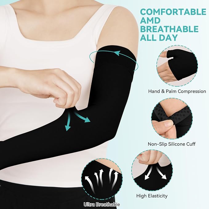 Lymphedema Compression Arm Sleeves for Women Men 20-30 mmHg, Single | Graduated Compression Full Arm Support for Arthritis,Bursitis, Edema with Gauntlet