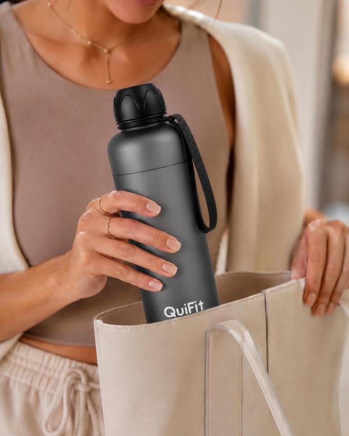 Slim Water Bottle 32 OZ with Stainless Steel Lid, Dishwasher Safe 1 Liter Plastic Water Bottle BPA-Free, Leakproof Lightweight with Time Marker, Reusable for Running School Sport Gym Travel Hiking