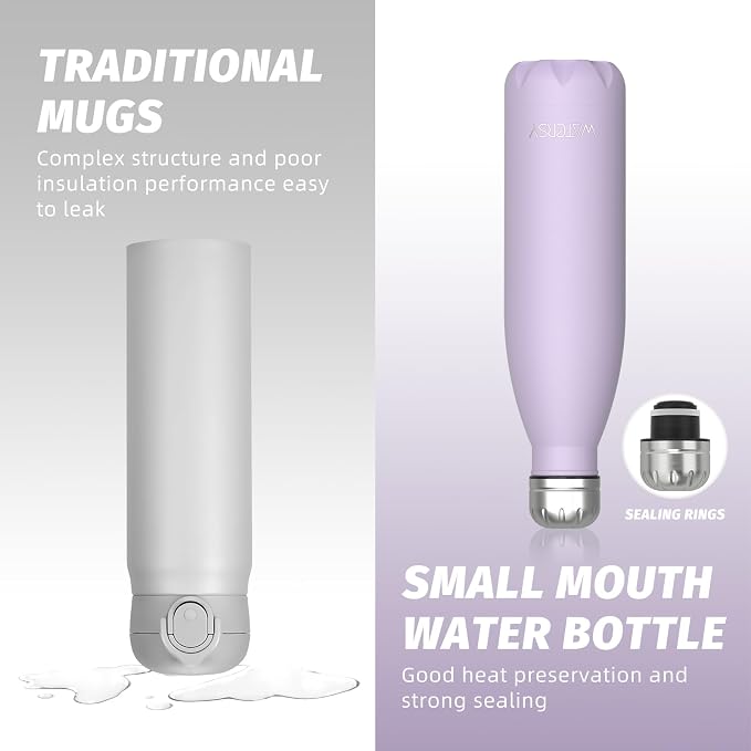 WATERSY Stainless Steel water bottles,17oz/500ml Insulated Water Bottle | Purple metal water bottle Keeps Drink Cold and Hot,BPA Free kids water bottles for School,Gym,Travel,Sports