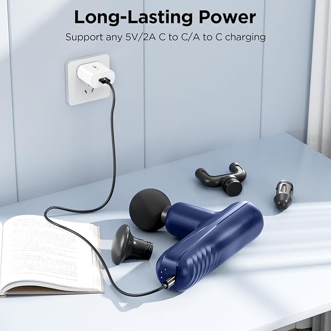 Mini Massage Gun, Powerful Handheld Muscle Massager for Muscle Relaxation, Deep Tissue Percussion Small Massage Gun Travel Massager with 4 Massage Heads Silent Brushless Motor, Blue