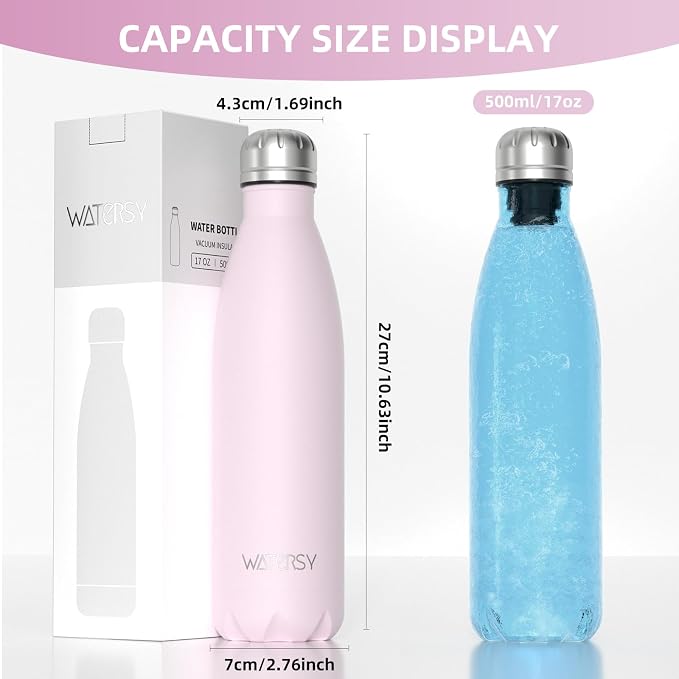 WATERSY Stainless Steel water bottles,17oz/500ml Insulated Water Bottle | Pink metal water bottle Keeps Drink Cold and Hot,BPA Free kids water bottles for School,Gym,Travel,Sports